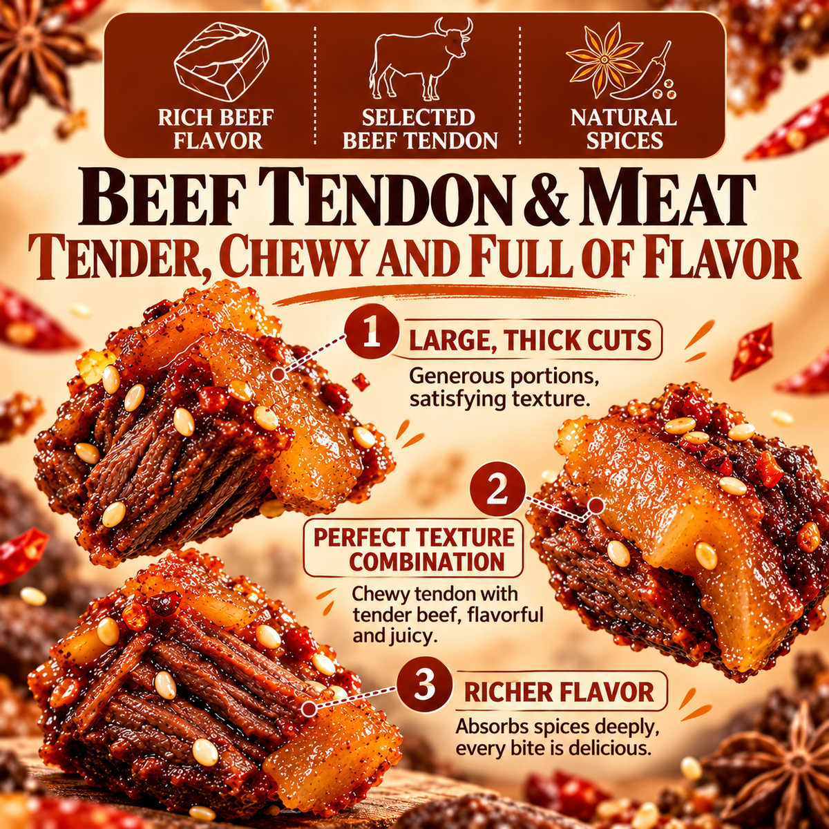Spicy Braised Beef Tendon & Meat Bites – Tender, Chewy, Juicy & Rich in Flavor-EDC