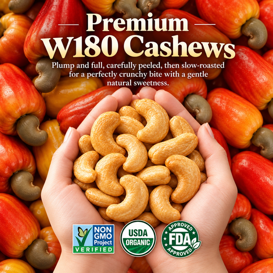 Organic Jumbo Roasted Cashews  Oil-free slow-roasted W180-grade extra-large whole cashews. Completely satisfying in every bite.—GTR