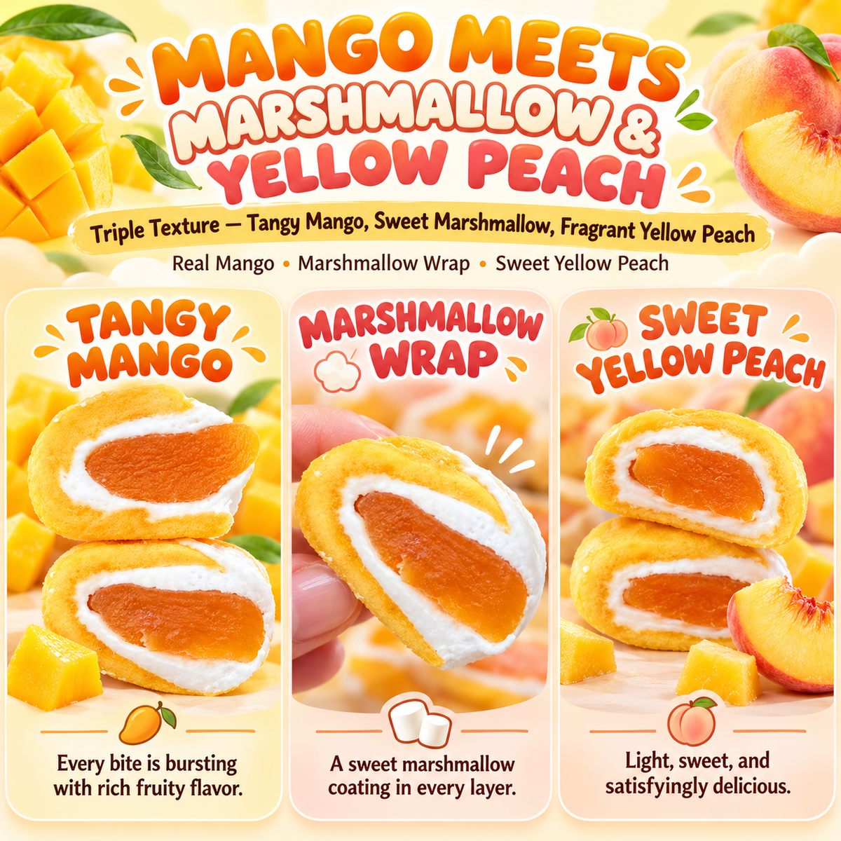 Mango Peach HUGS – Sweet, Chewy Fruit Candy with a Fluffy Marshmallow Center-IUK