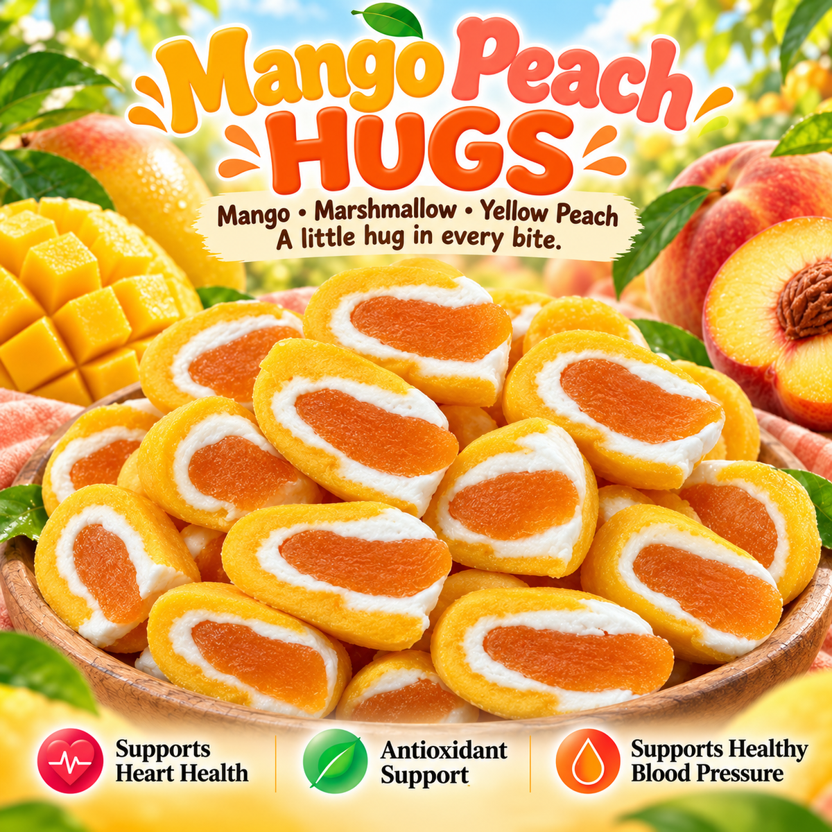 Mango Peach HUGS – Sweet, Chewy Fruit Candy with a Fluffy Marshmallow Center-IUK