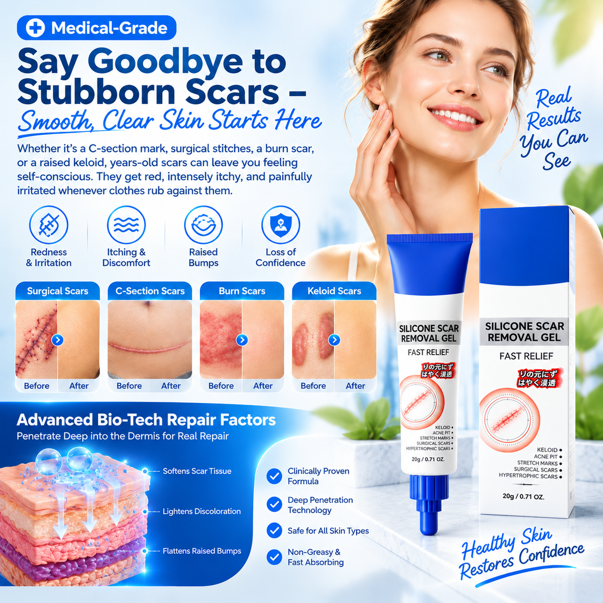 Medical-Grade Advanced Scar Removal Gel – Clinical Repair for Surgical, C-Section, Burn & Keloid Scars LGZ