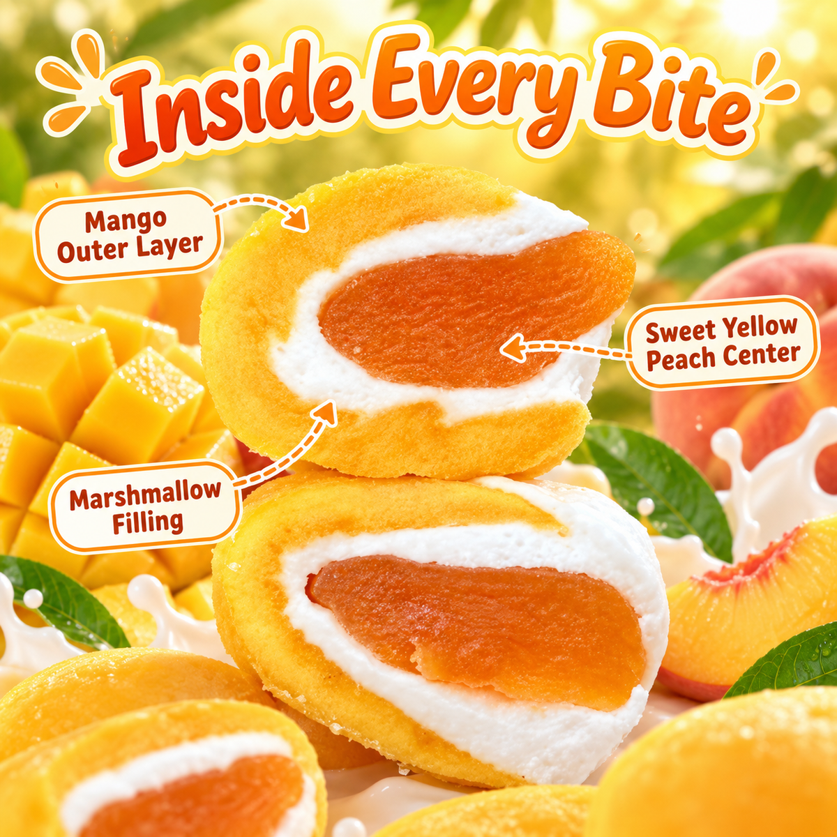 Mango Peach HUGS – Sweet, Chewy Fruit Candy with a Fluffy Marshmallow Center-IUK